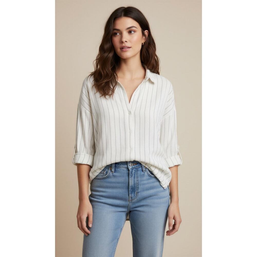 Eileen Fisher Tunic Shirt Womens Petite S/M Ivory Striped Button Front